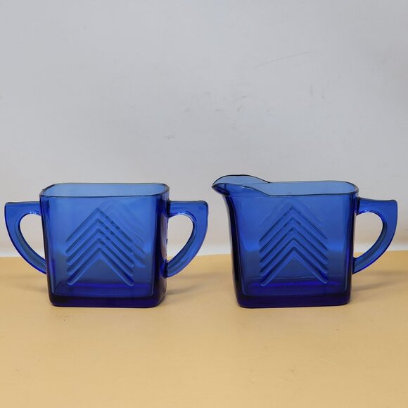 Vintage Cobalt Blue Glass Creamer & Sugar Set With Chevron Pattern - Picture 2 of 12